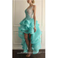 New High Low Prom Dresses Hi Lo Gown Blue Organza with Lace Ruffles Blue Beaded Lace Sheer Back Party Prom Dress CWFP2445